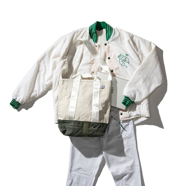 LAMINATED FABRIC x VINTAGE FABRIC BAG / 40 x 35